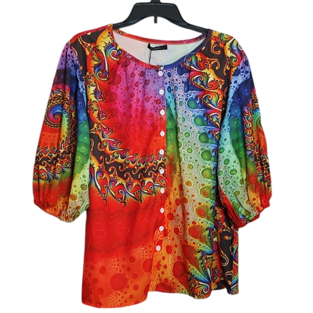 New Bright Colorful Bohemian Abstract Design Puffy Sleeve Top sz Large